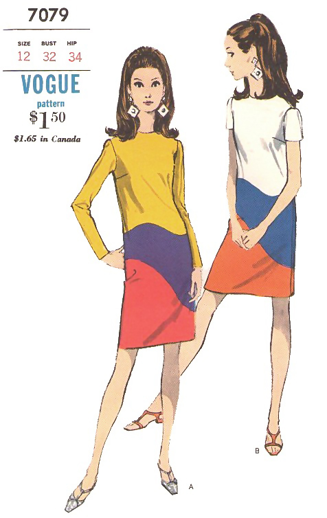 Vogue Pattern 7079, a straight color-blocked dress with a striking resemblance to Yves Saint Laurent's 'Pop Art' dresses from 1966/67.